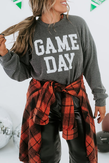 Game day ready: Dark grey corded graphic long sleeve crewneck top