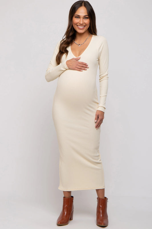 Cream Ribbed Long Sleeve Maternity Maxi Dress With V Neck And Back Slit PinkBlush
