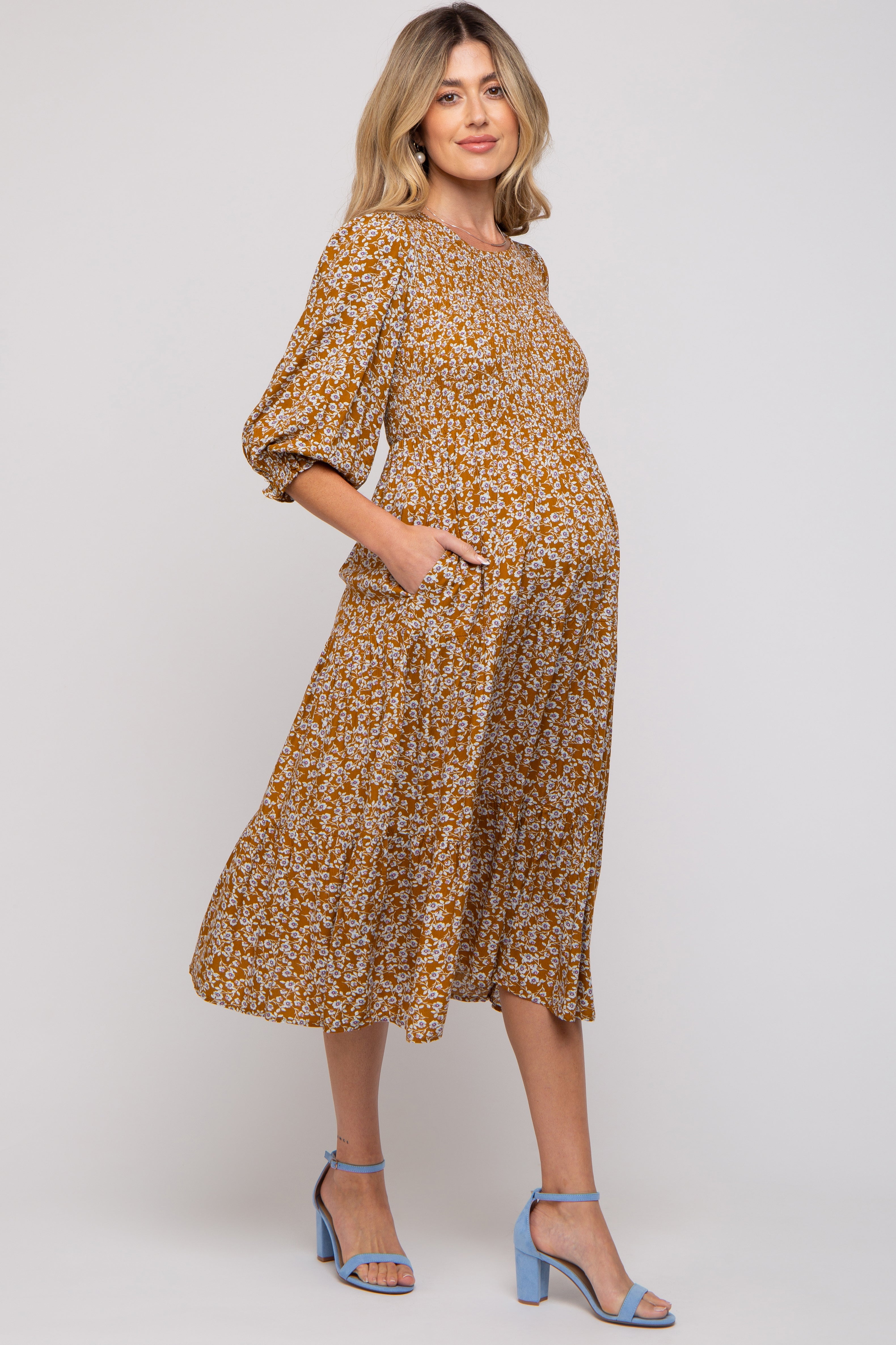 PinkBlush Camel Floral Smocked 3/4 Sleeve Maternity Midi Dress - Alternate Angle