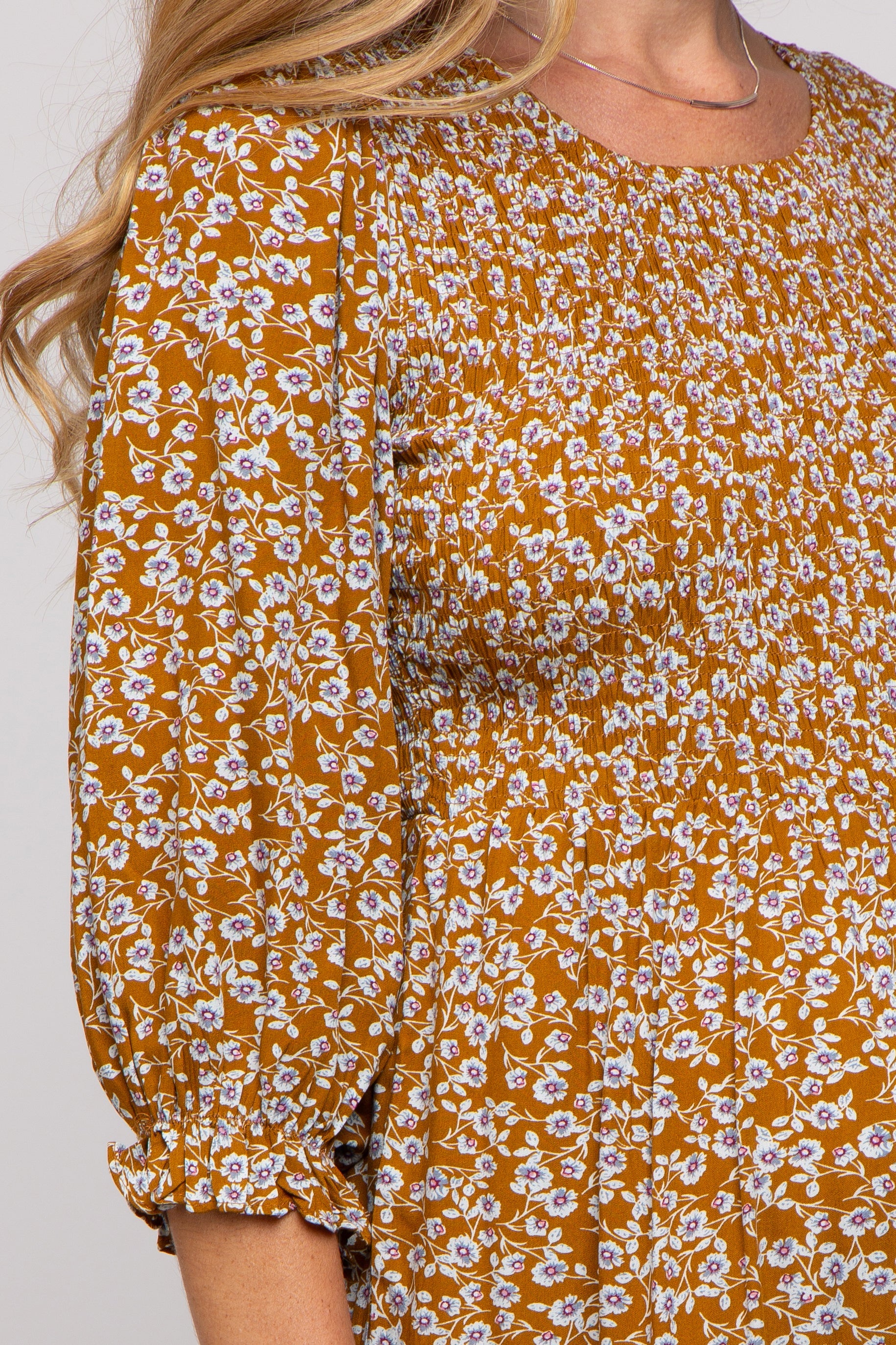 PinkBlush Camel Floral Smocked 3/4 Sleeve Maternity Midi Dress - Close Up