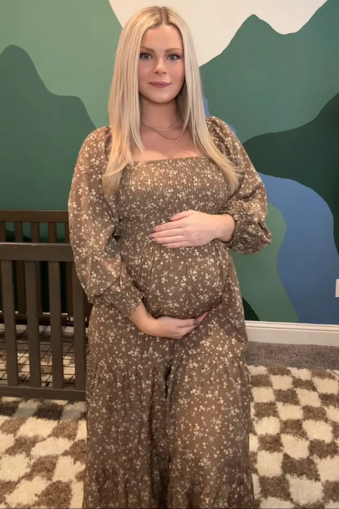 Mocha Floral Smocked Long Sleeve Maternity Maxi Dress PinkBlush