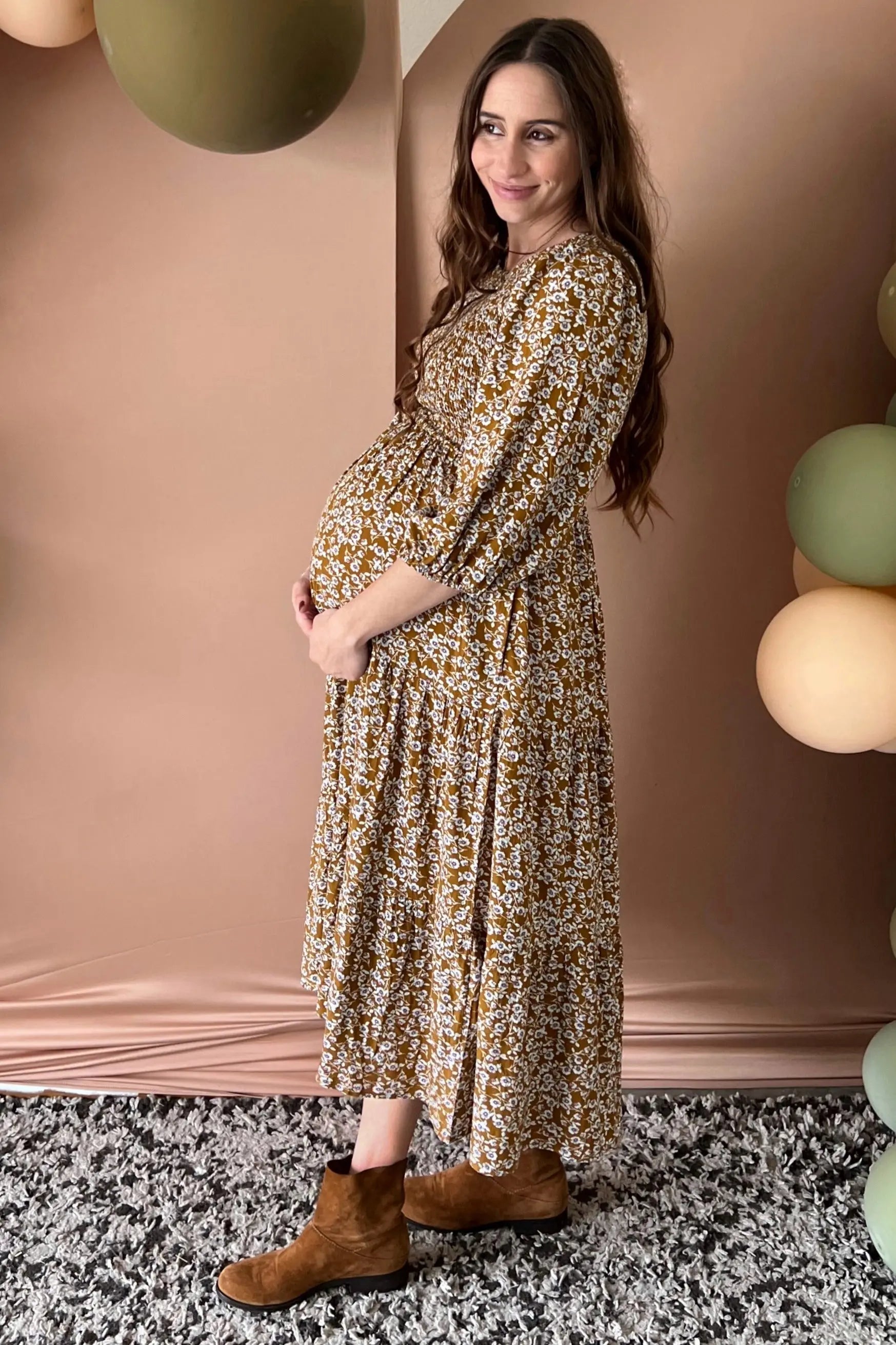 Mocha Floral Smocked Long Sleeve Maternity Maxi Dress PinkBlush