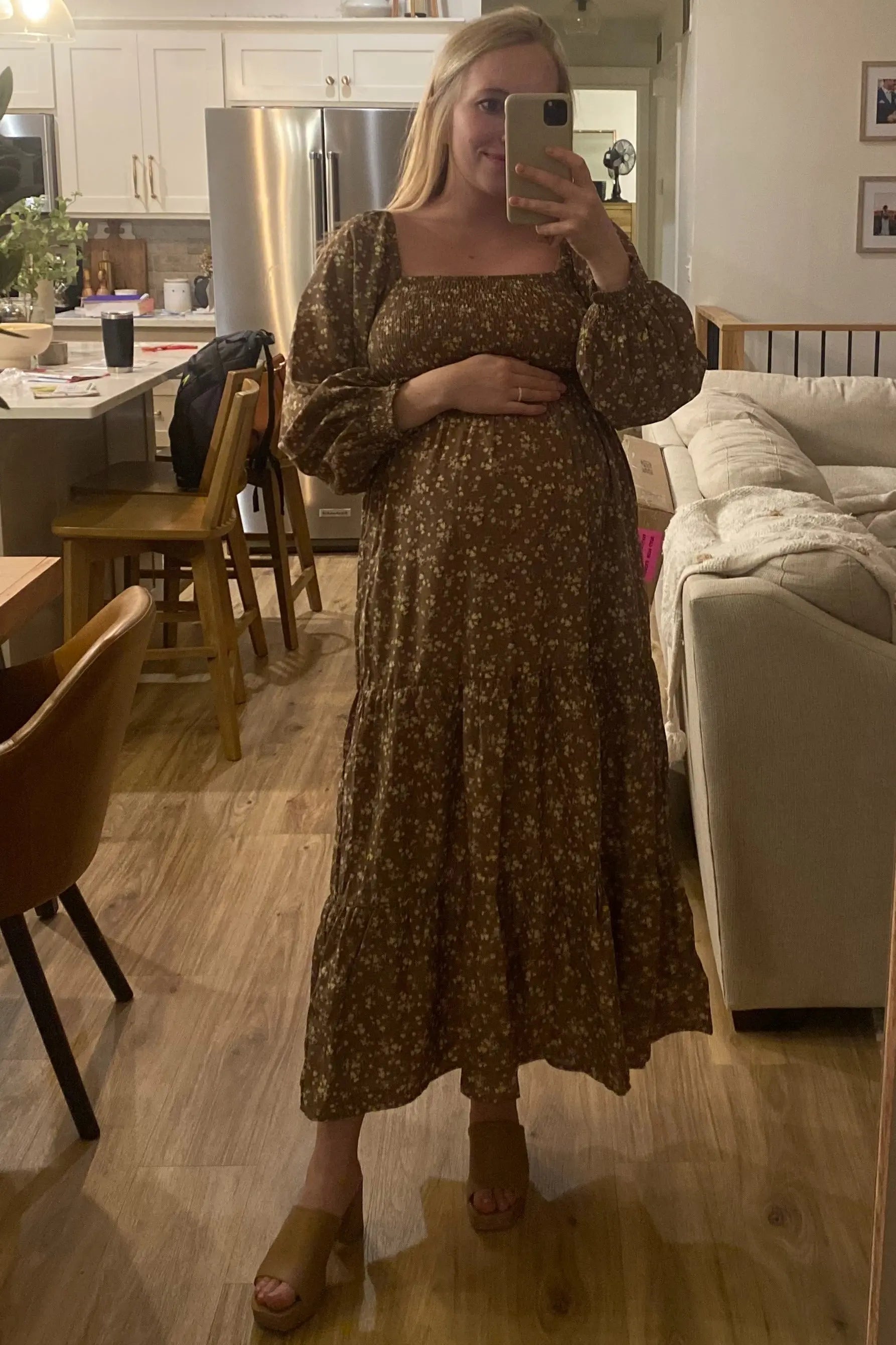 Mocha Floral Smocked Long Sleeve Maternity Maxi Dress PinkBlush