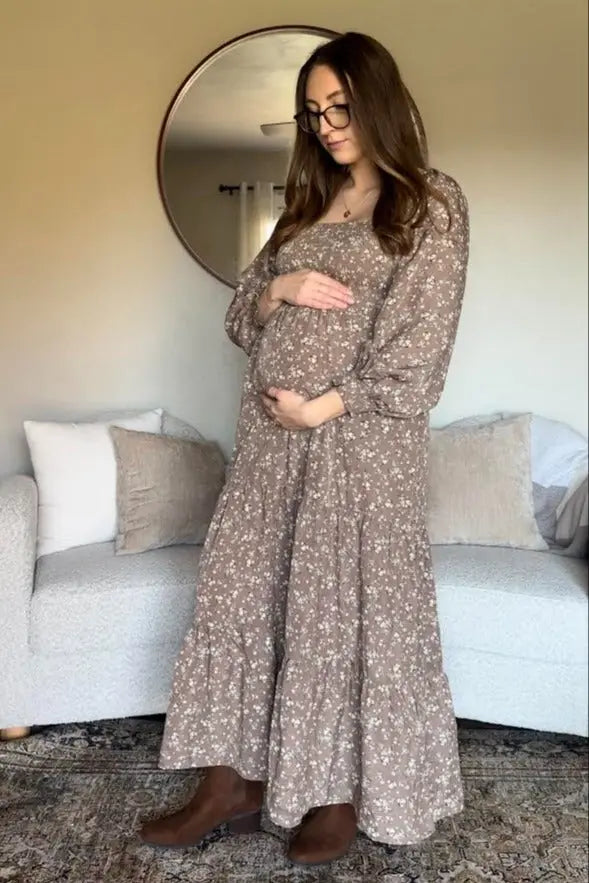 Mocha Floral Smocked Long Sleeve Maternity Maxi Dress PinkBlush
