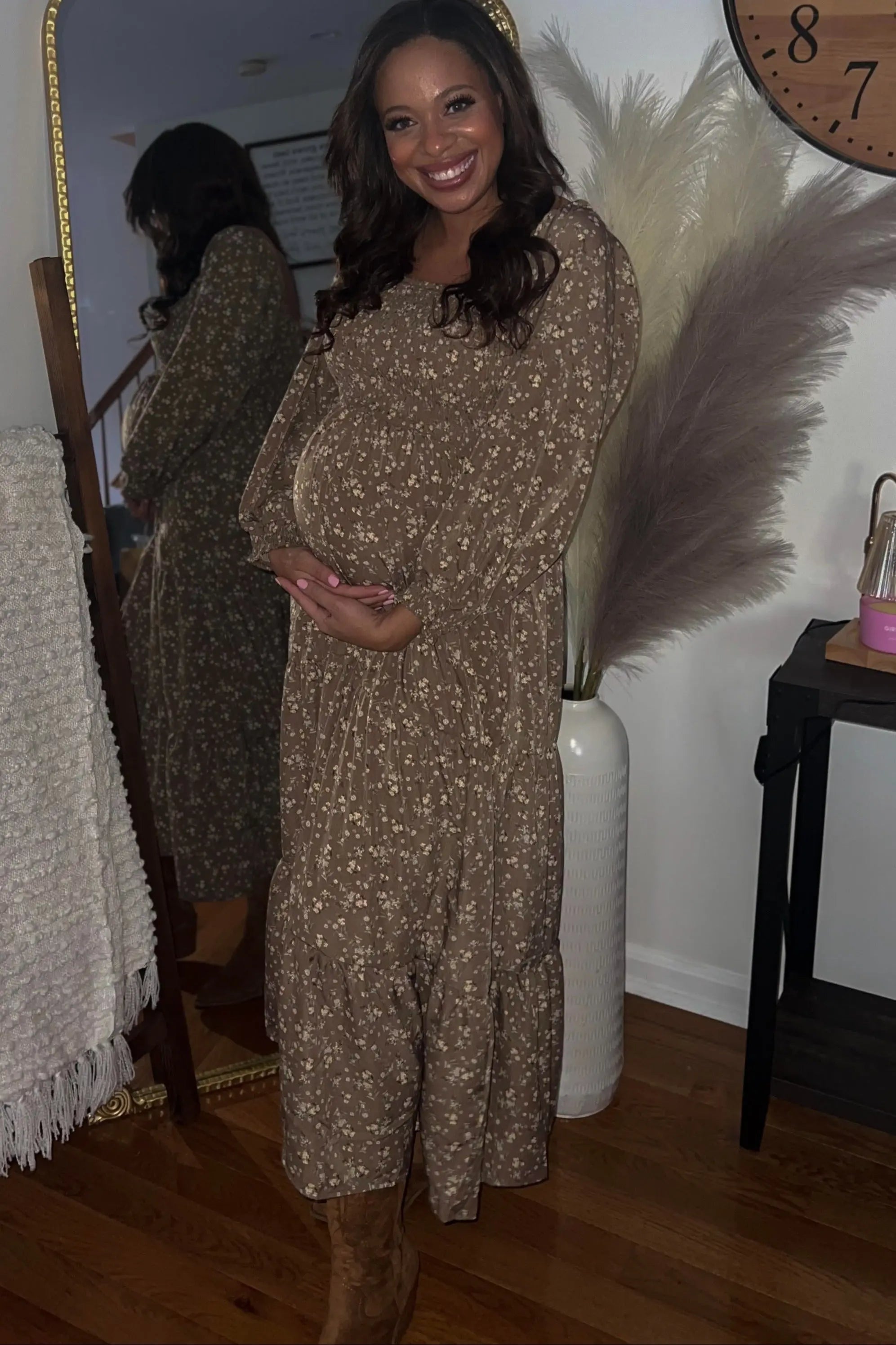Mocha Floral Smocked Long Sleeve Maternity Maxi Dress PinkBlush