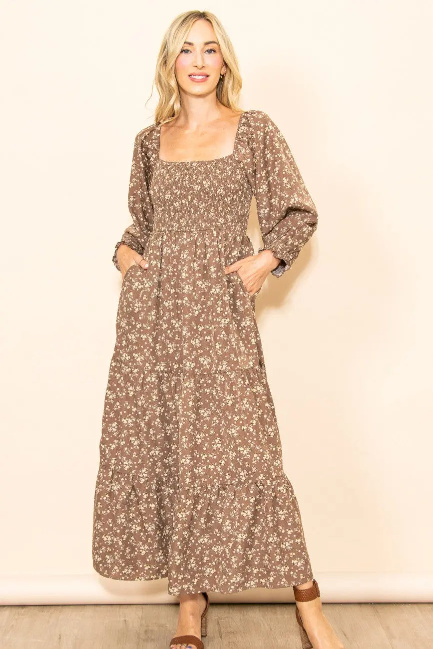 Mocha Floral Smocked Long Sleeve Maternity Maxi Dress PinkBlush