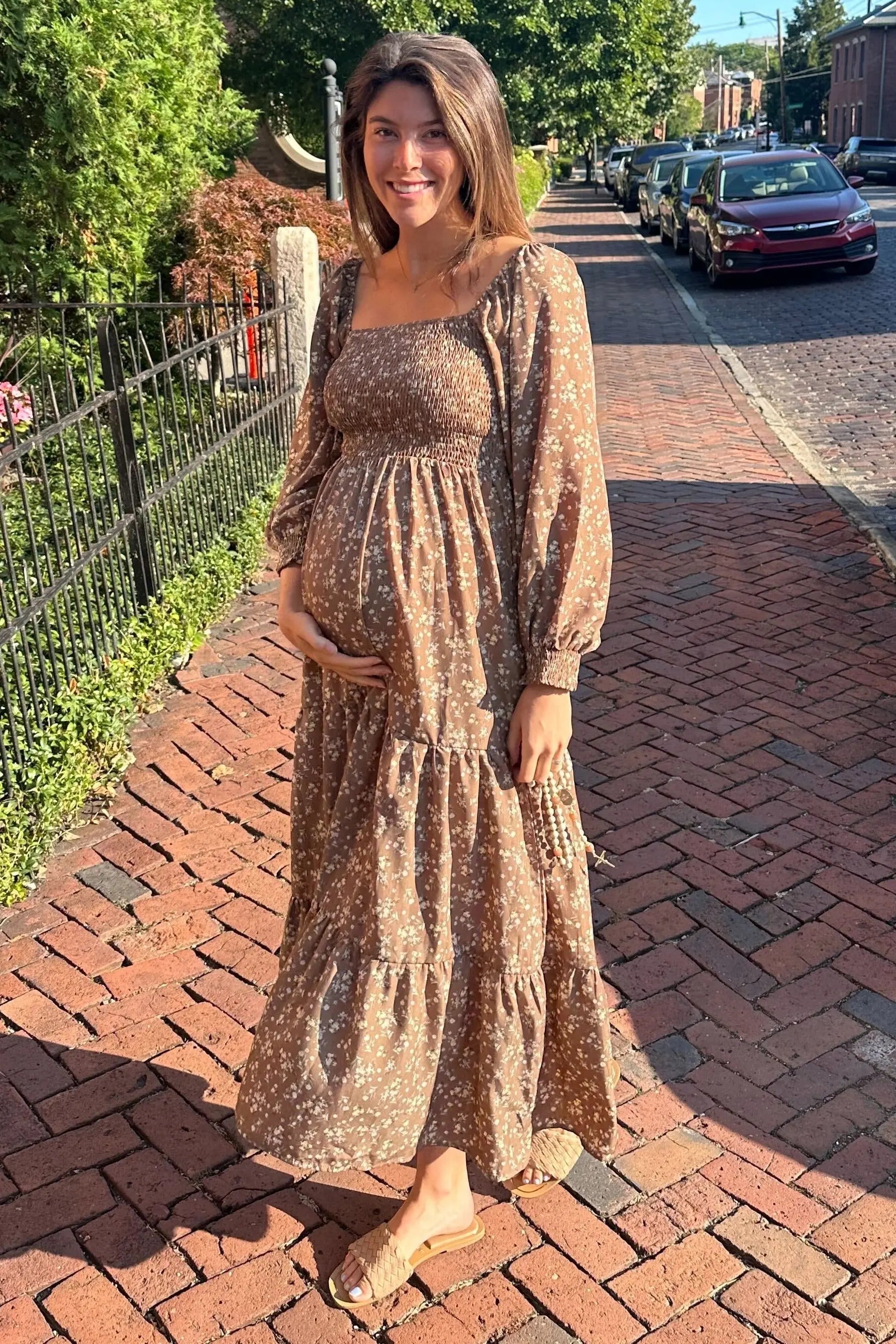 Mocha Floral Smocked Long Sleeve Maternity Maxi Dress PinkBlush