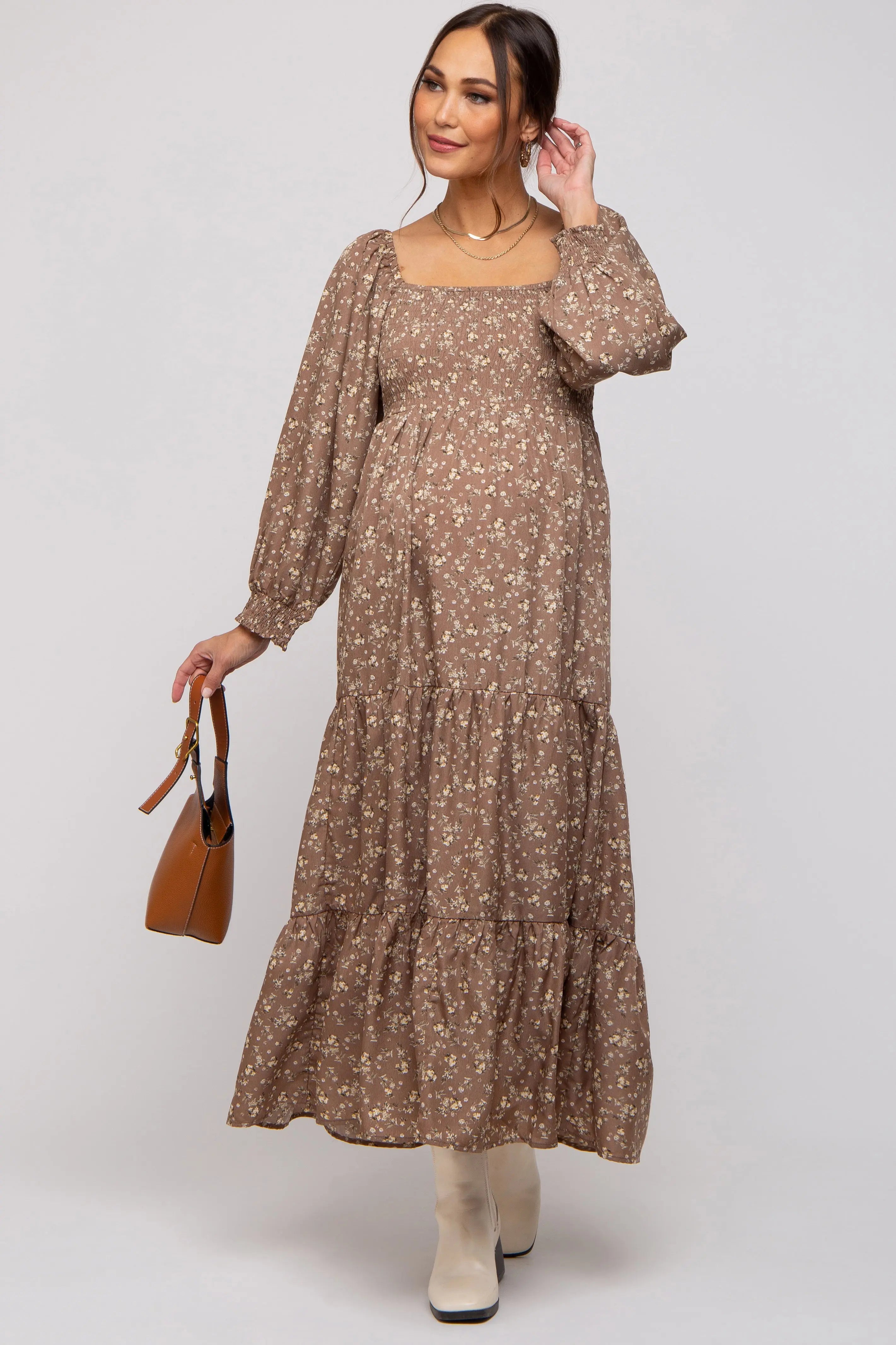 Mocha Floral Smocked Long Sleeve Maternity Maxi Dress PinkBlush
