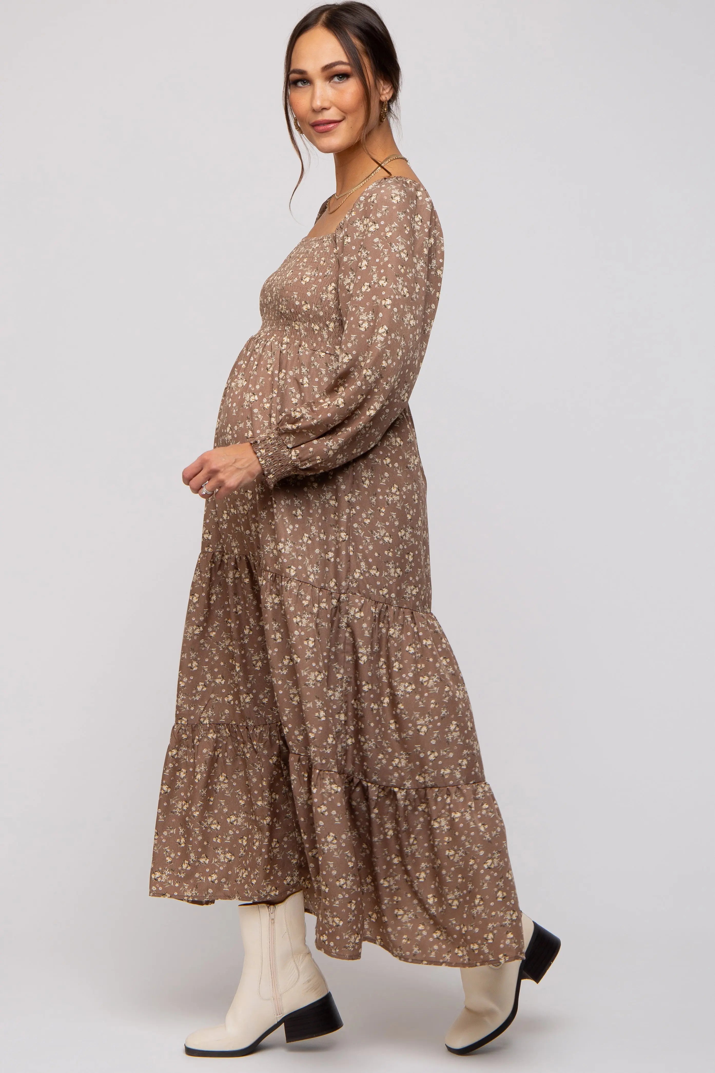 Mocha Floral Smocked Long Sleeve Maternity Maxi Dress PinkBlush