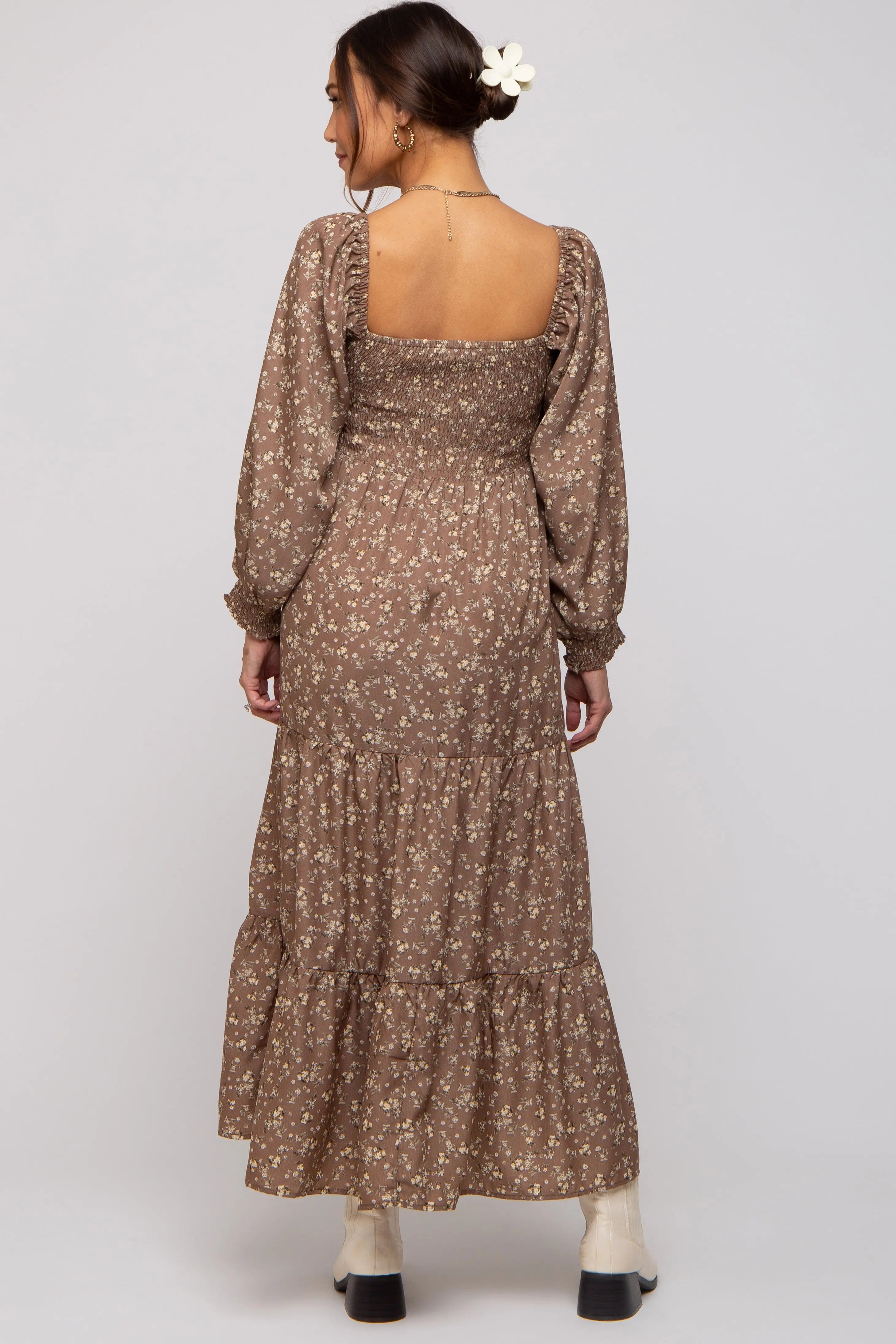 Mocha Floral Smocked Long Sleeve Maternity Maxi Dress PinkBlush