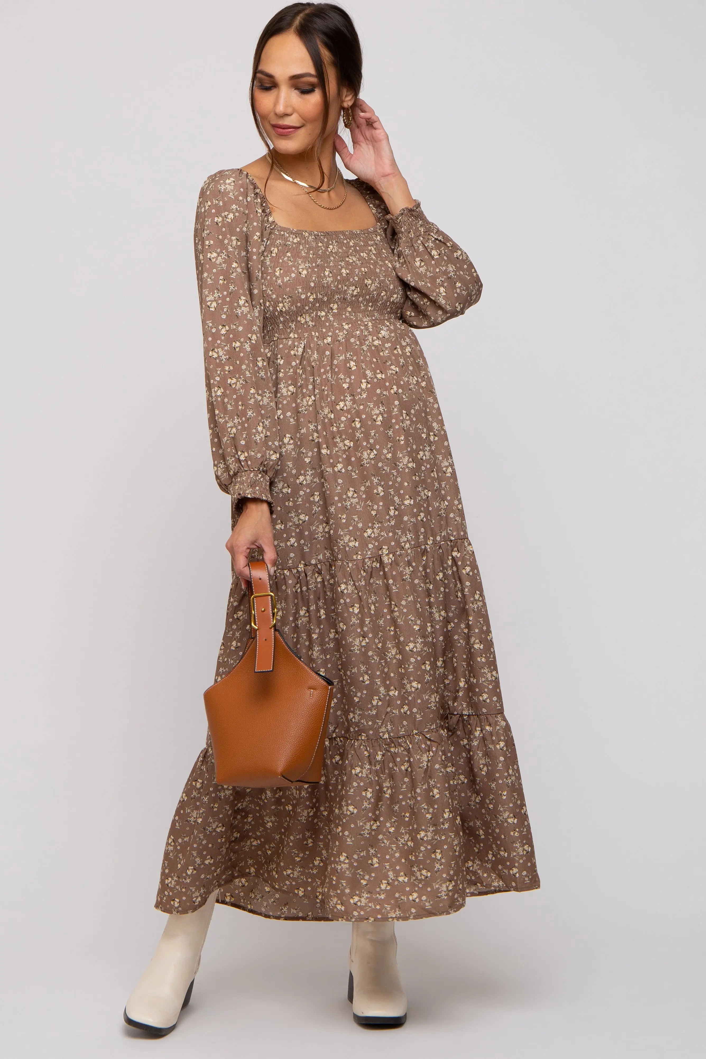 Mocha Floral Smocked Long Sleeve Maternity Maxi Dress PinkBlush