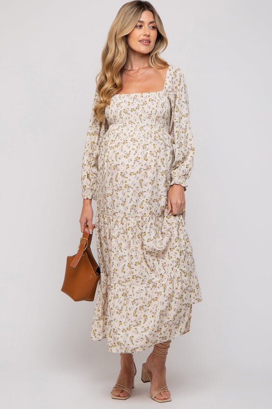 PinkBlush Cream Floral Smocked Long Sleeve Maternity Maxi Dress, full view, elegant and comfortable style.