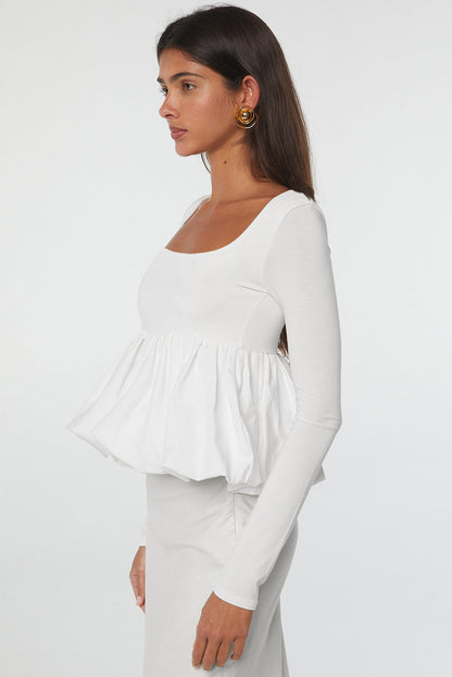 White U Neck Long Sleeve Bubble Hem Top for Women
