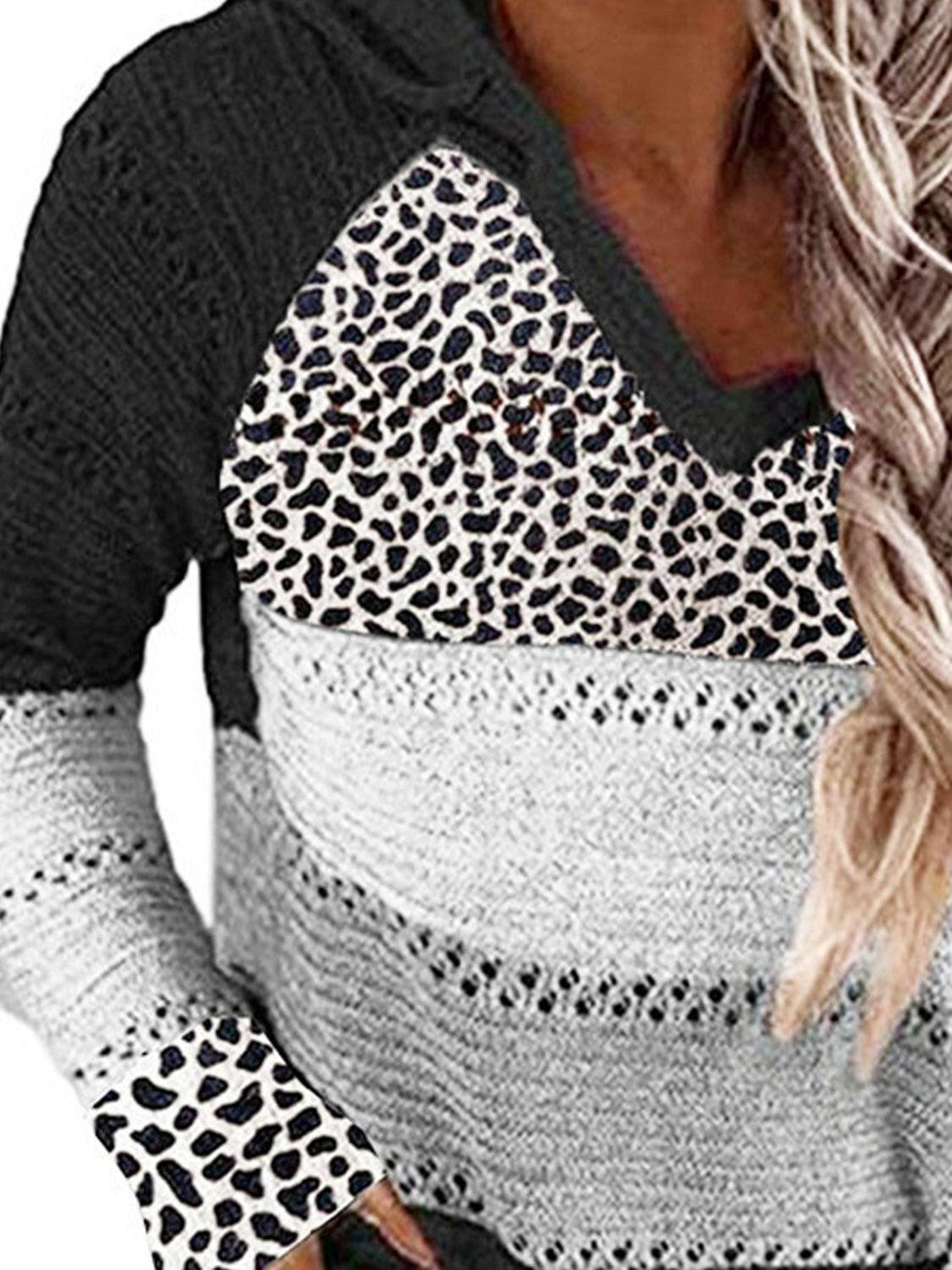 Full Size Openwork Leopard Drawstring Hooded Sweater.