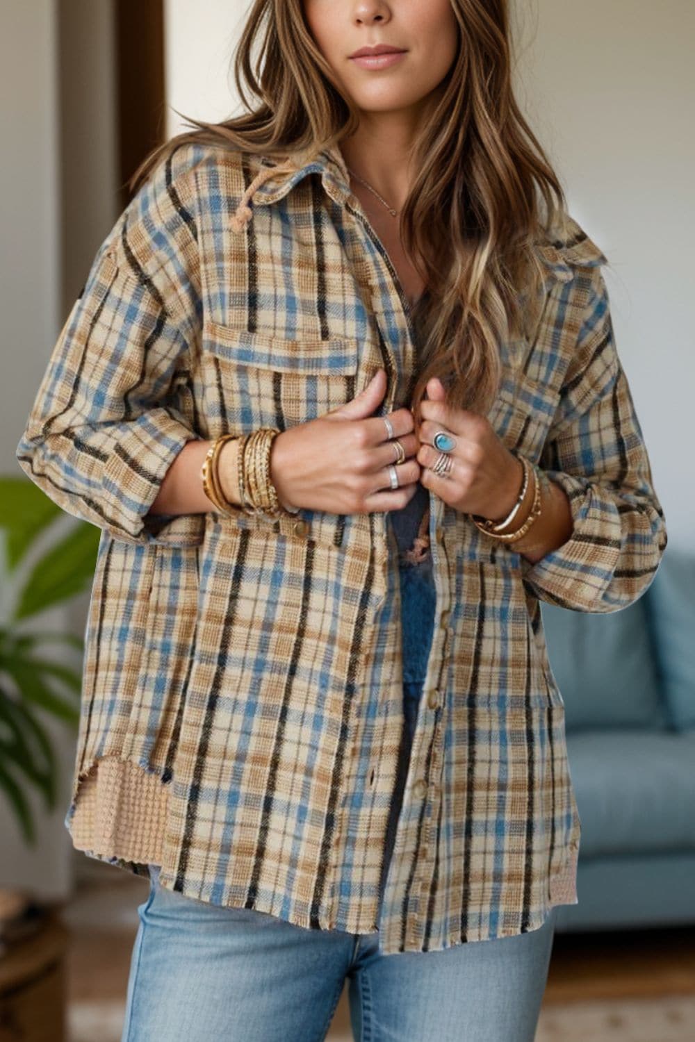 Drawstring Plaid Button Up Hooded Shacket.