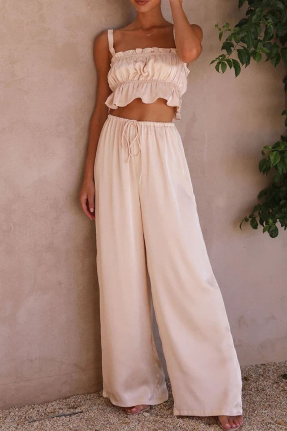 Ruffled Sleeveless Top and Wide Leg Pants Set.