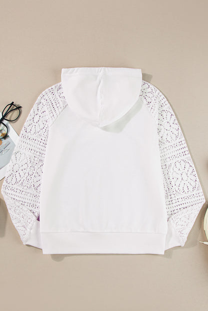 Elegant white lace sleeve hoodie with drawstring and cozy hood