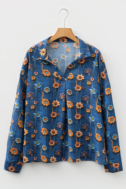 Premium Blue Floral Collared V Neck Roll Up Sleeve Blouse