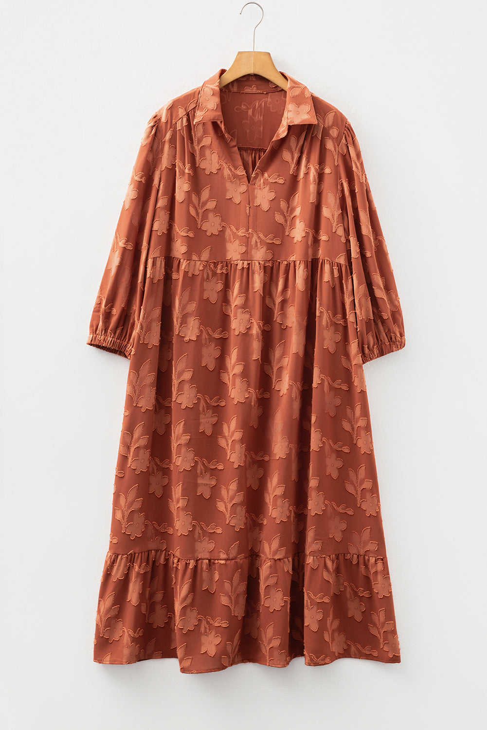 Premium Cinnamon Plus Size Textured 3D Flower Dress Ruffle Hem Long