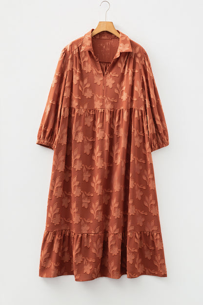 Premium Cinnamon Plus Size Textured 3D Flower Dress Ruffle Hem Long