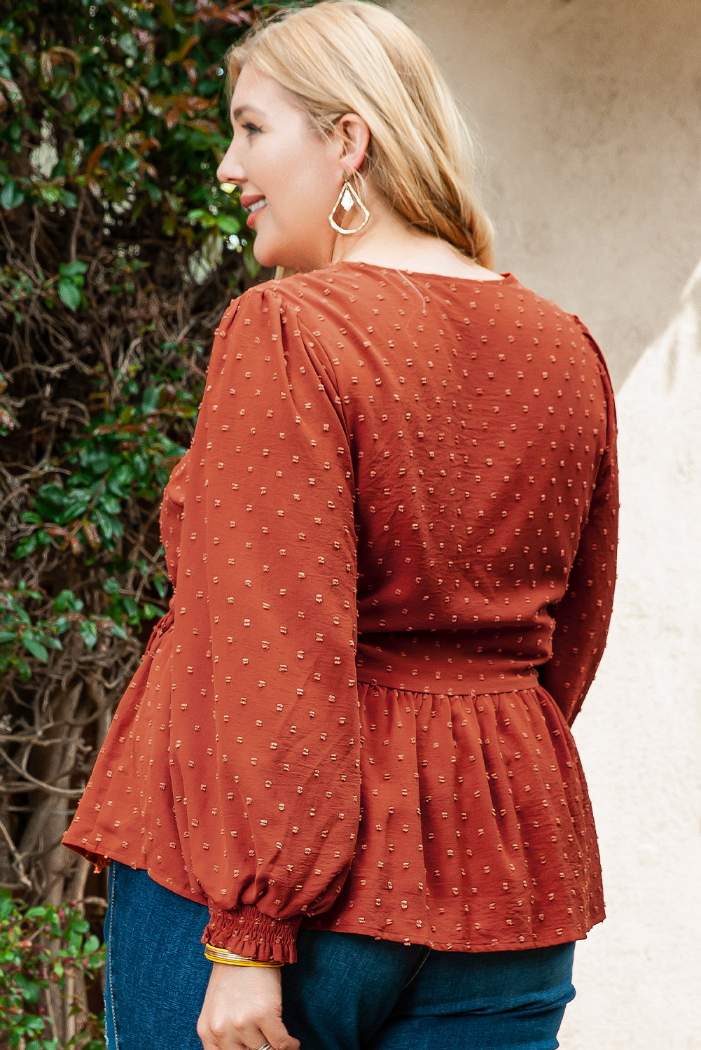 Elegant plus size Swiss dot wrap blouse with tie detail