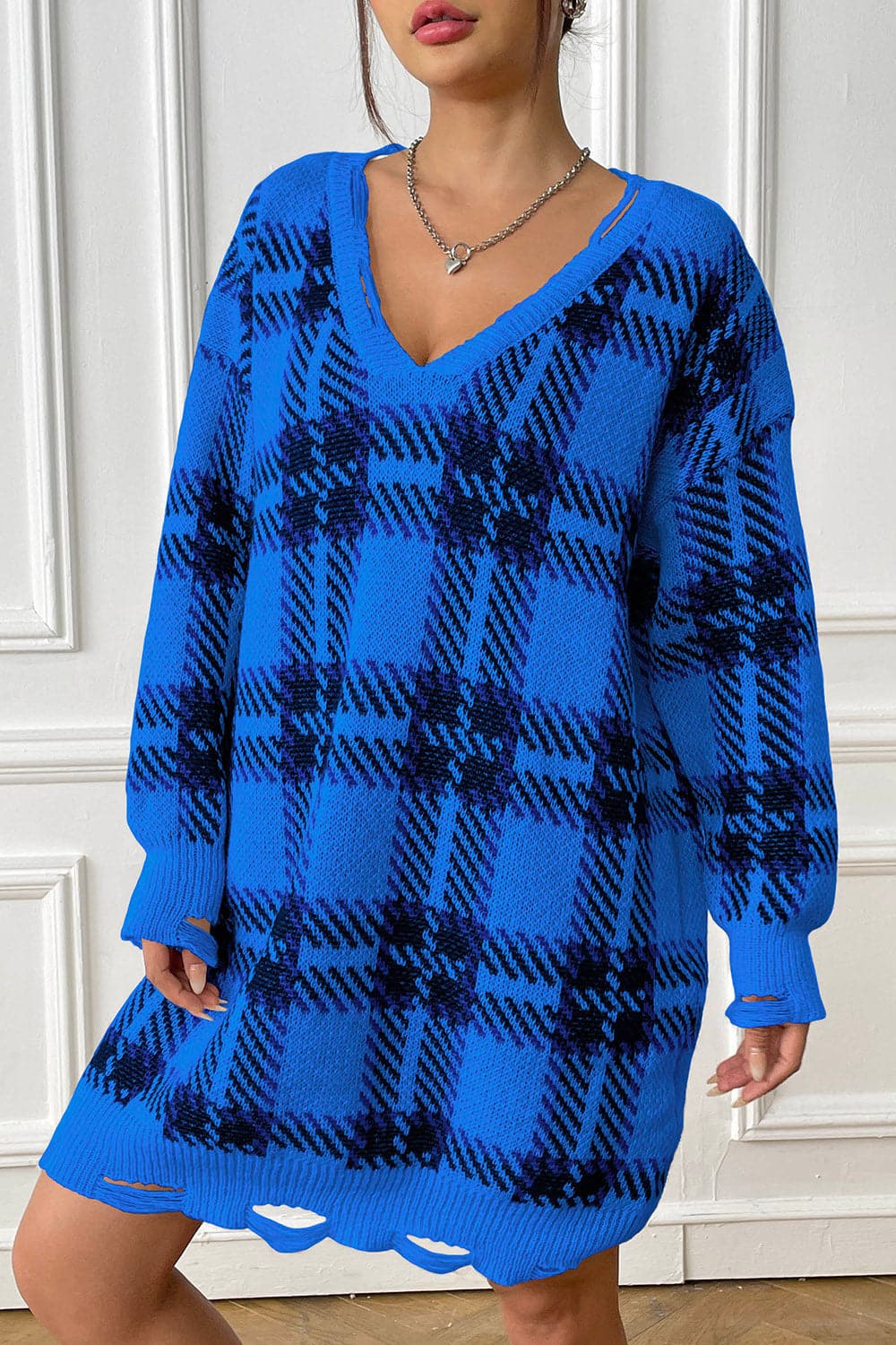 Plaid V-Neck Long Sleeve Sweater Dress.