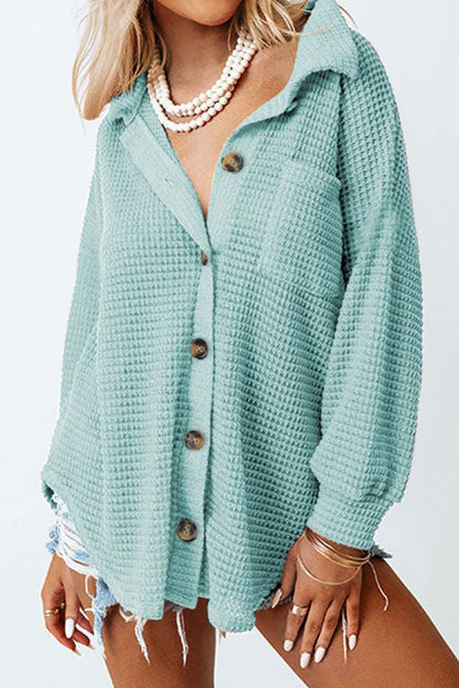 Collared Long Sleeve Waffle-Knit Shirt with Pocket