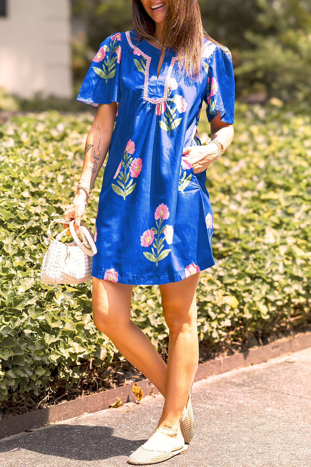 Blue Floral Short Sleeve Split Neck Loose Mini Dress Love Salve