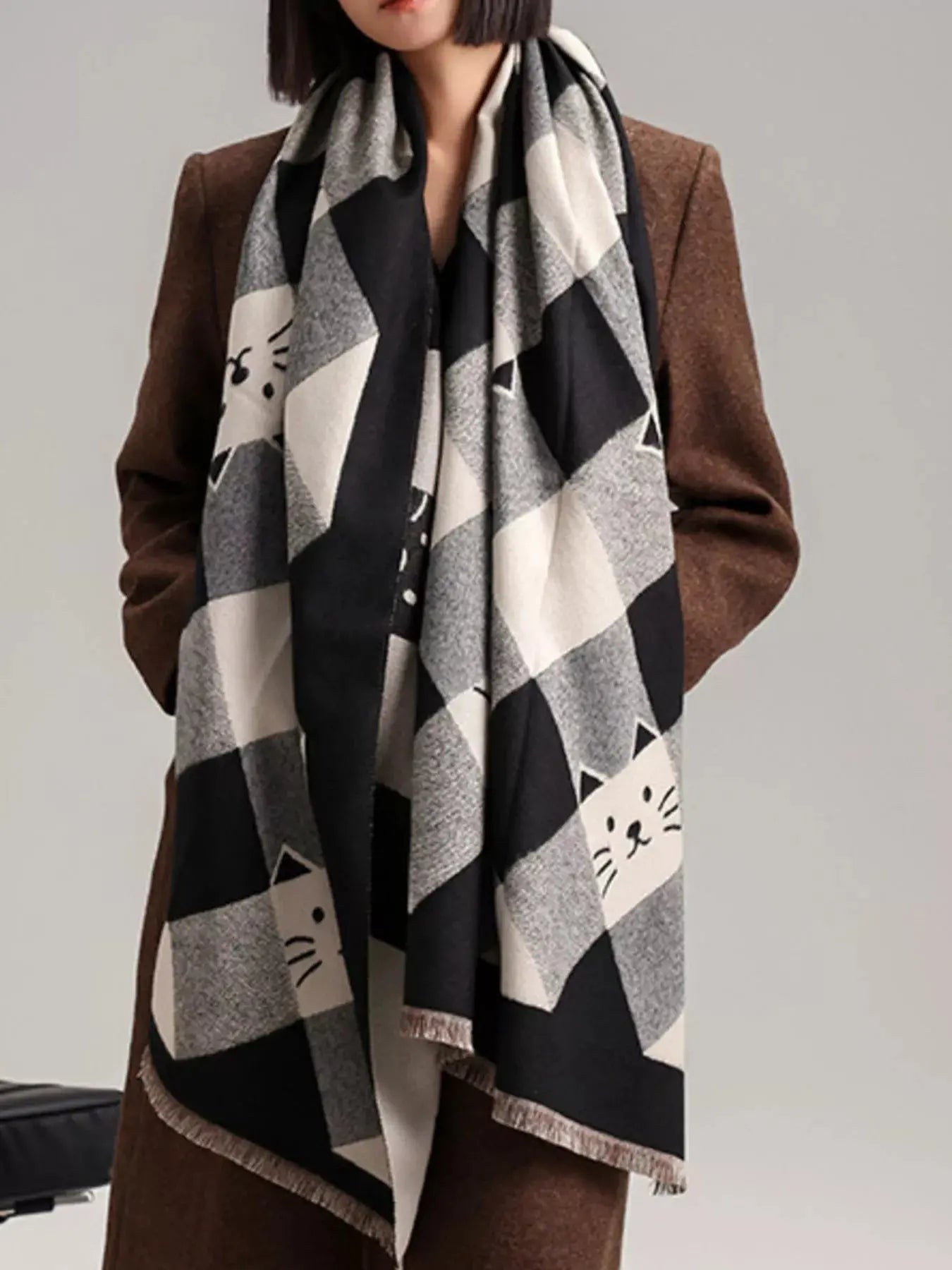 Cute Cat Pattern Plaid Raw Hem Scarf Simply Love