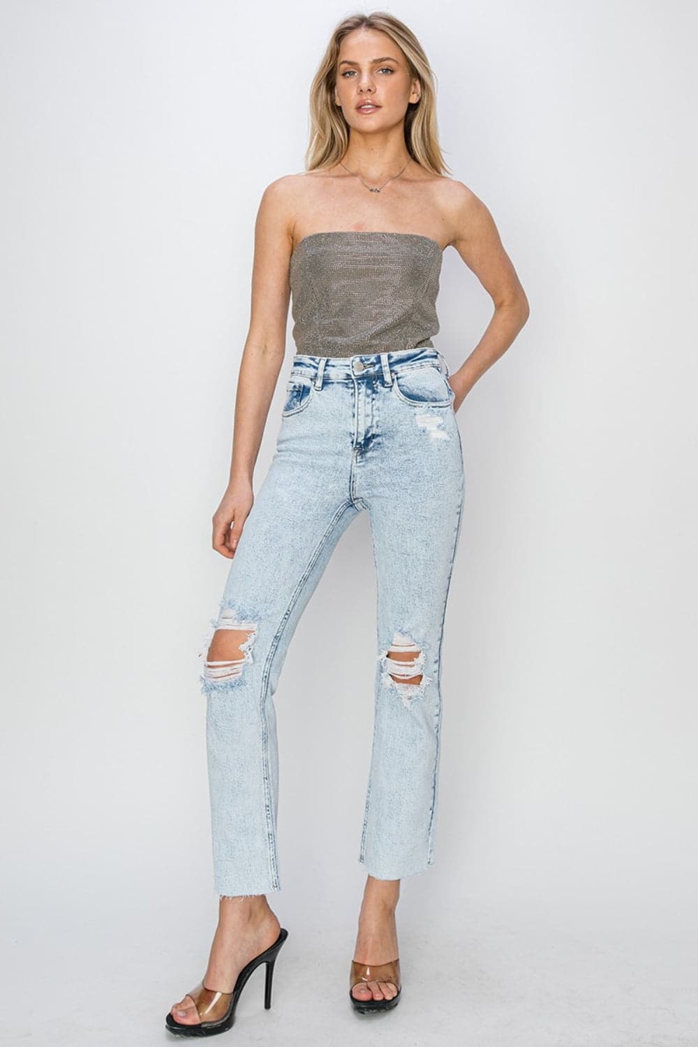 RISEN High Rise Distressed Ankle Jeans.