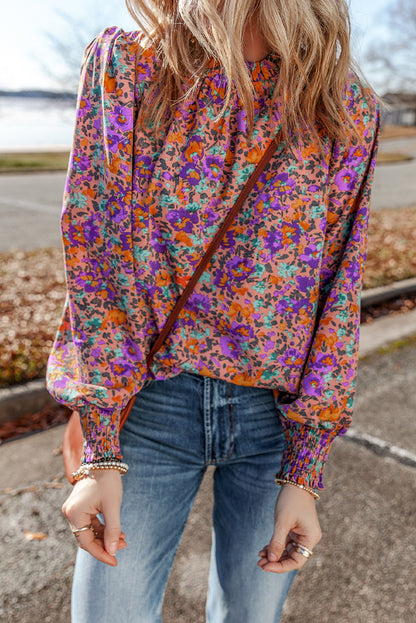 Charming purple floral frilled blouse with shirred cuffs