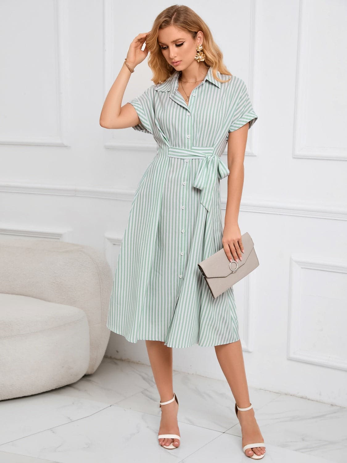 Striped Short Sleeve Tie Waist Midi Dress.