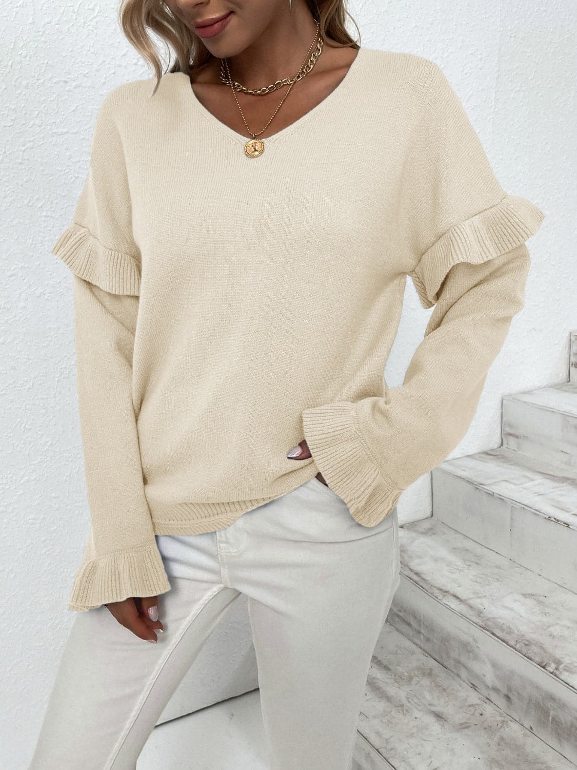 Ruffled V-Neck Dropped Shoulder Sweater.