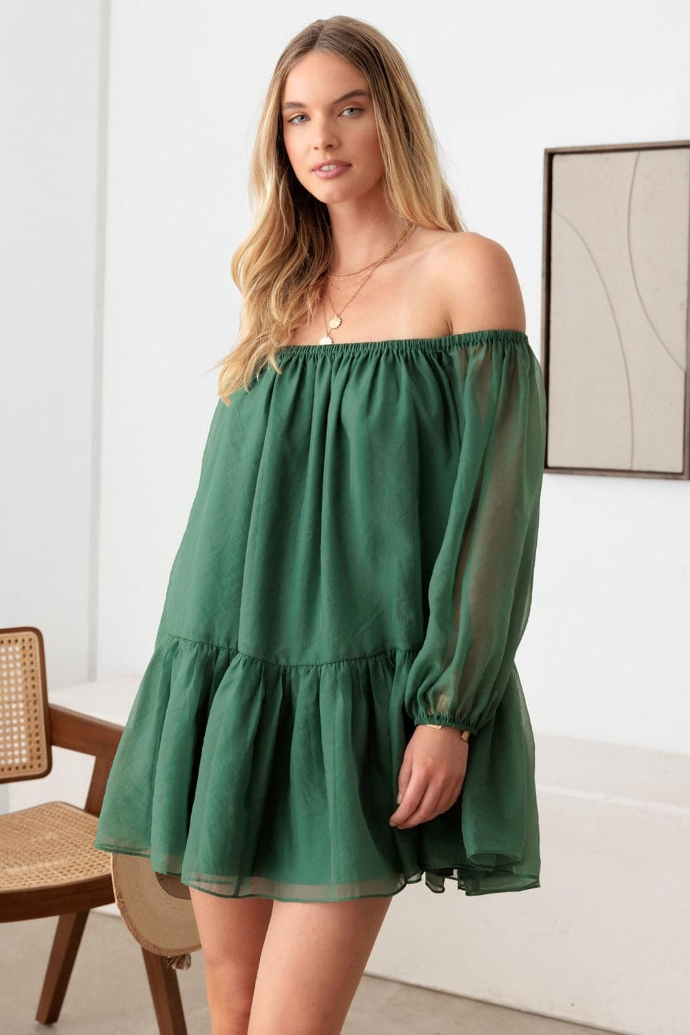 Le Lis Organza Off Shoulder Puff Sleeve Mini Dress.