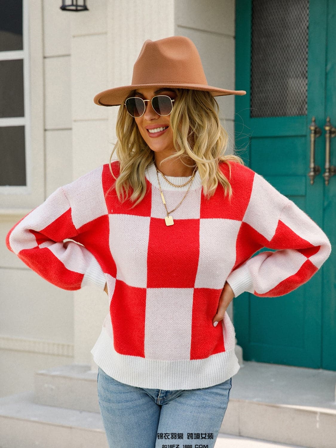 Checkered Round Neck Dropped Shoulder Sweater.