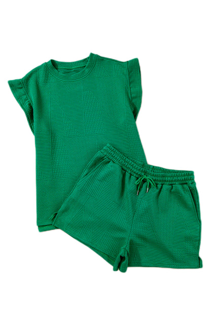 Chic dark green ruffle top and drawstring shorts set