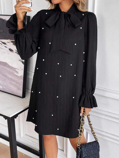 Pearl Embellished Bow Tie Flounce Sleeve Dress