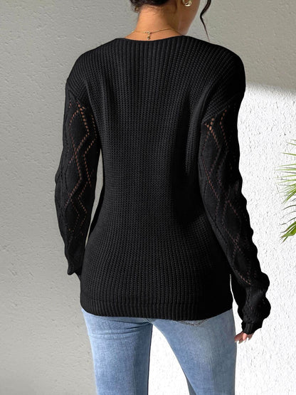 Chic openwork v-neck sweater with long sleeves