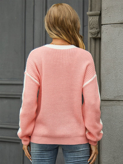 Contrast Round Neck Dropped Shoulder Sweater.