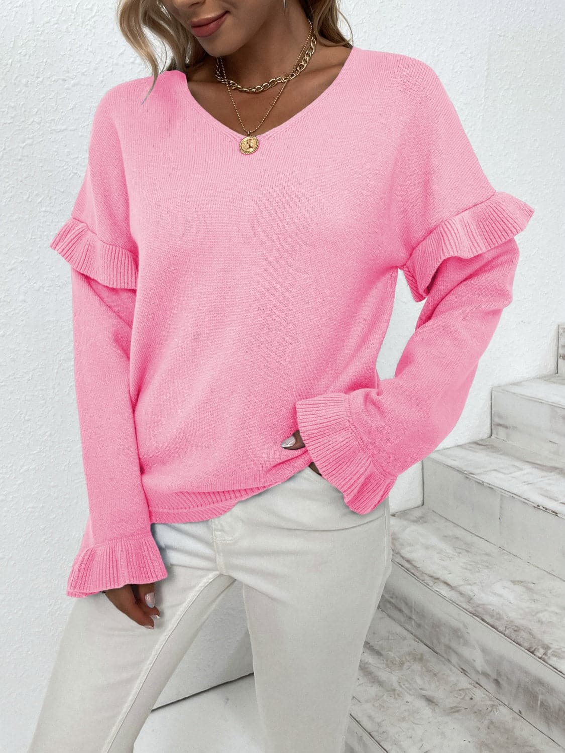 Ruffled V-Neck Dropped Shoulder Sweater.