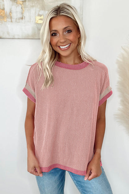 Light pink textured round neck t-shirt with stylish contrast trim