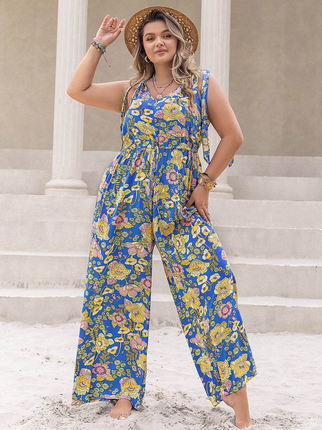 Plus Size Printed V-Neck Wide Leg Jumpsuit.