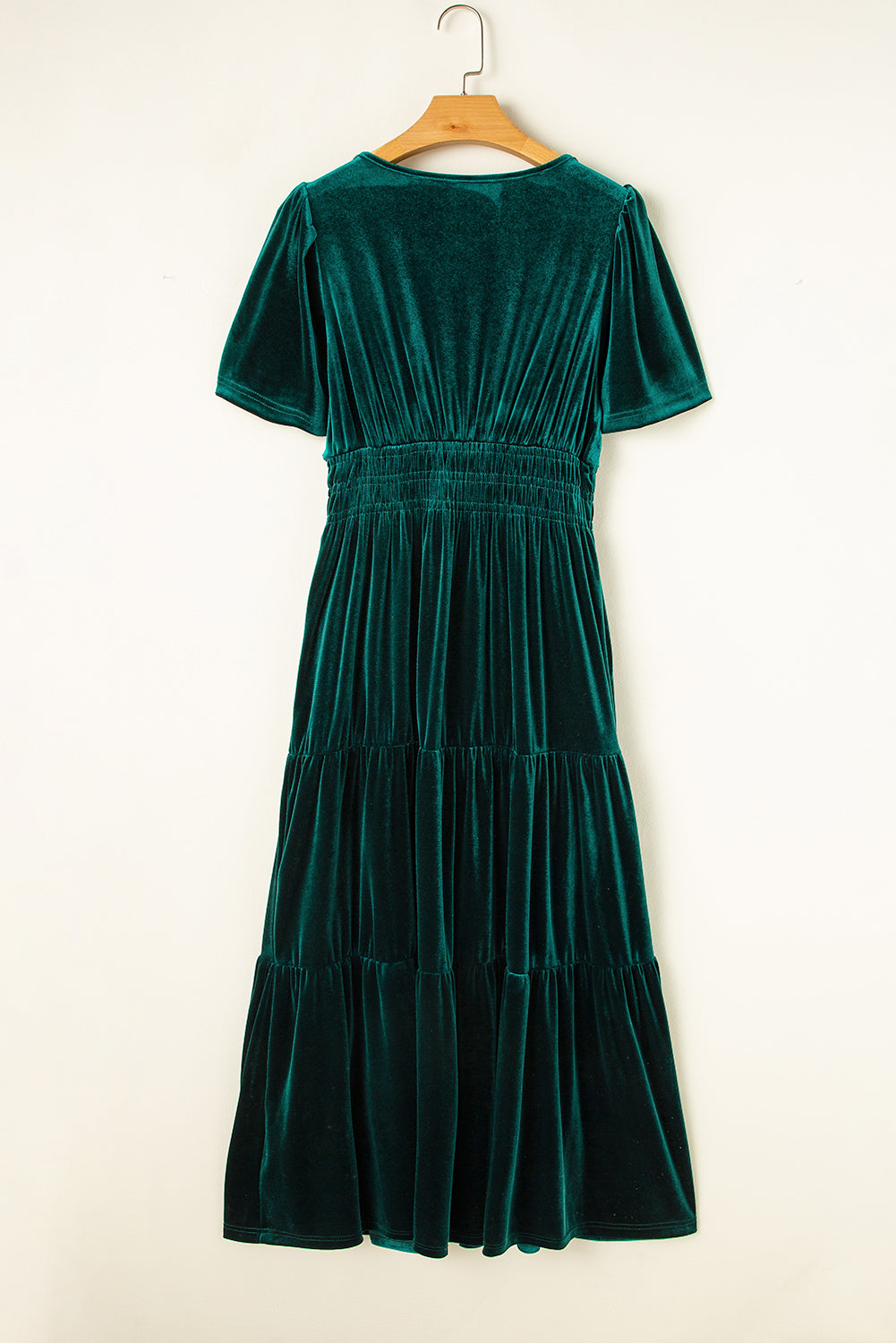 Evergreen velvet tiered maxi dress