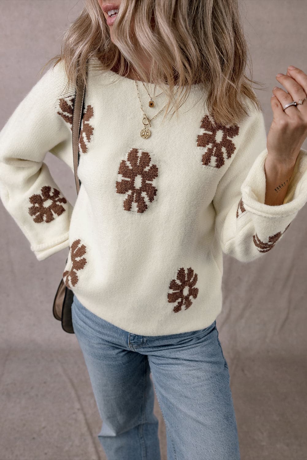 Flower Round Neck Long Sleeve Sweater.