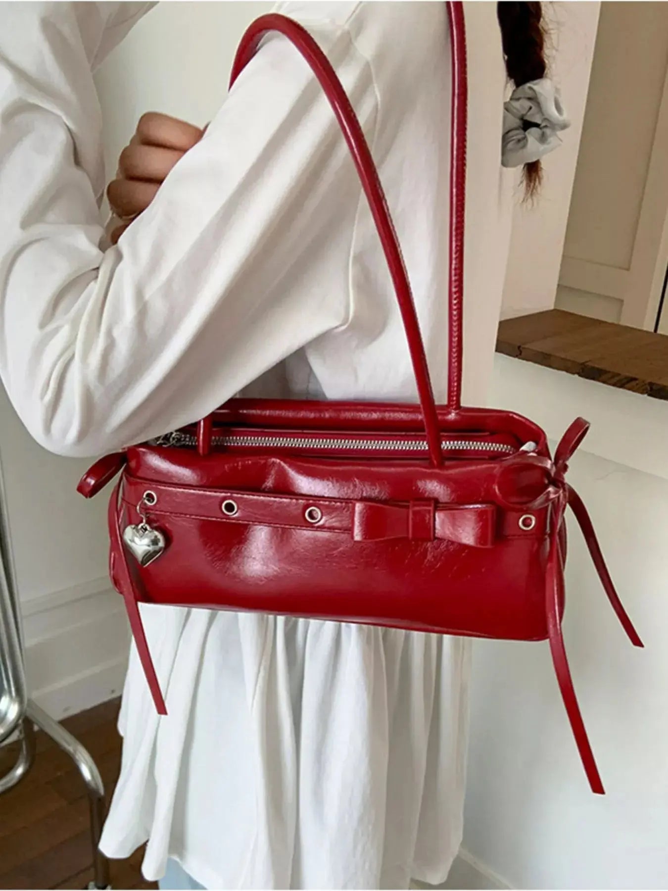 PU Leather Small Shoulder Bag With Heart Charm Elegant Tote Simply Love