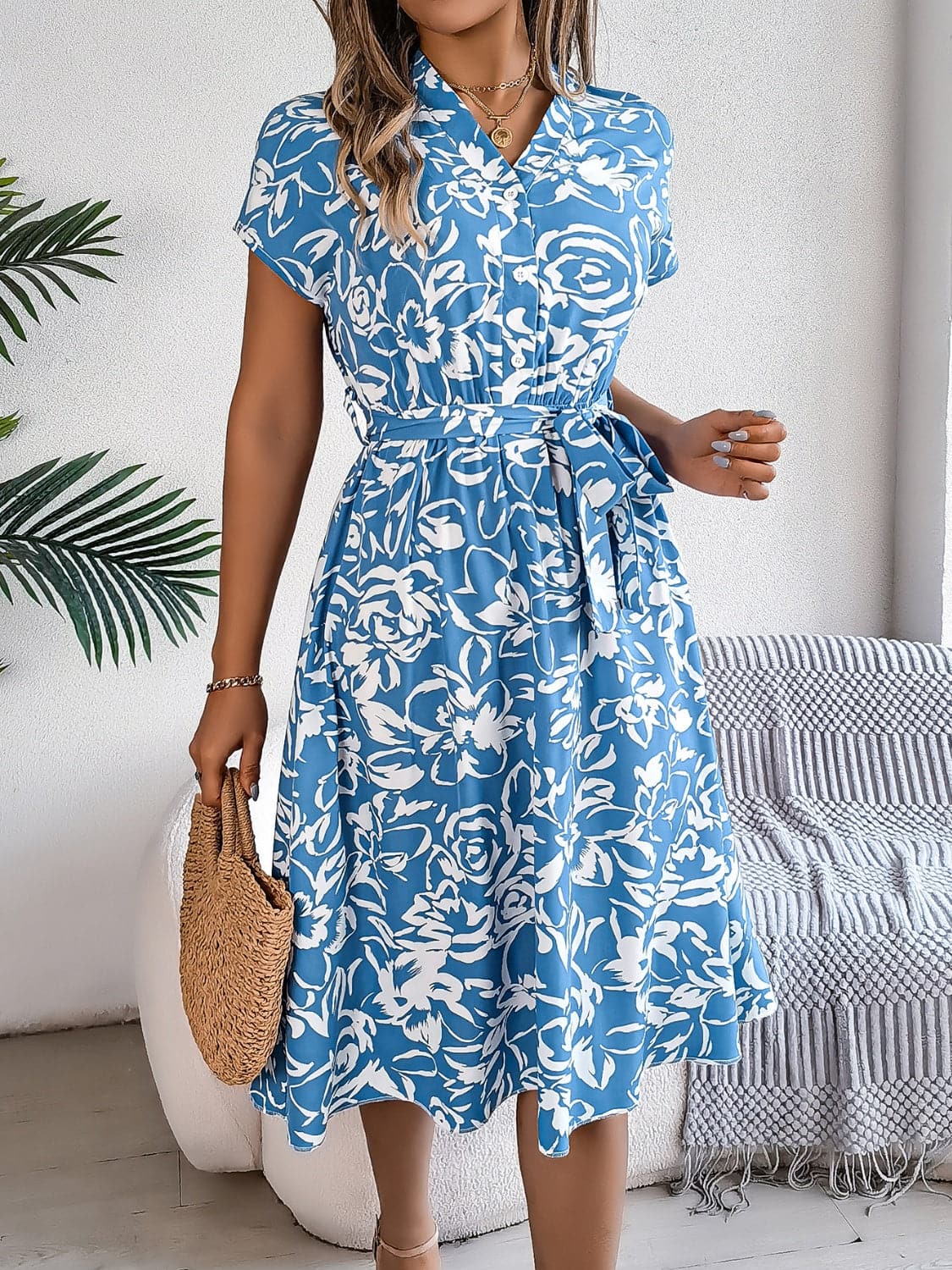 Printed V-Neck Short Sleeve Dress.