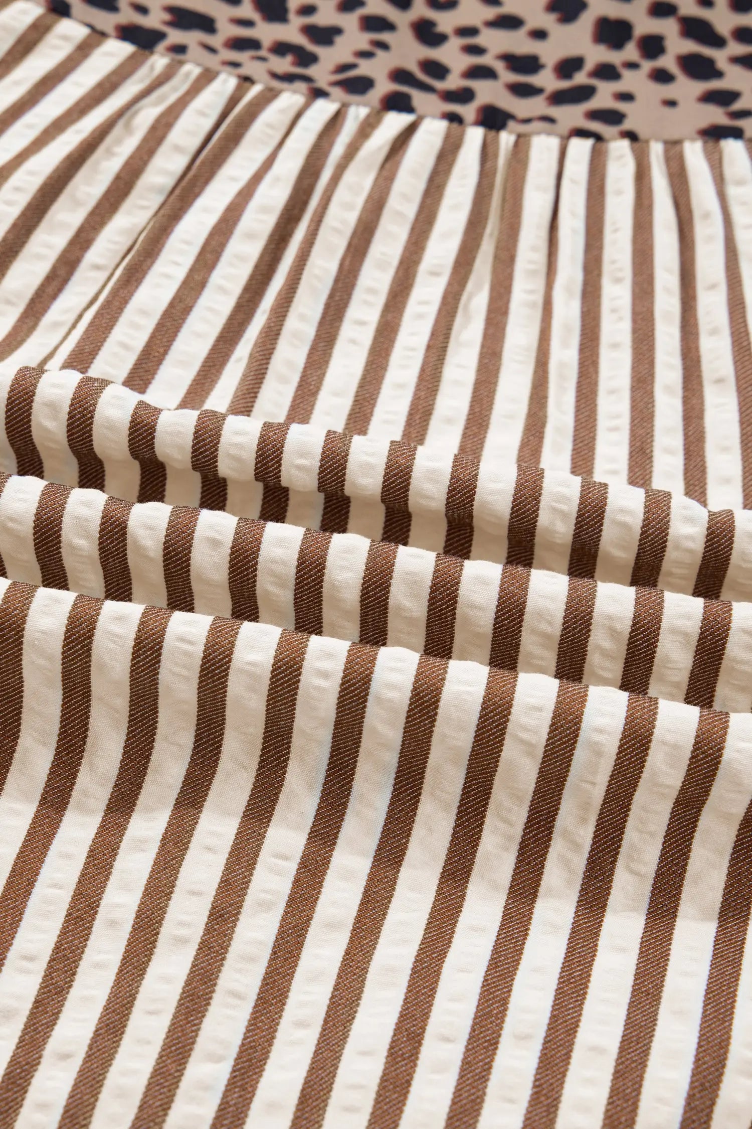 Brown Stripe Leopard Trim V Neck Button Down Half Sleeve Shirt Dear-Lover Dropshipping