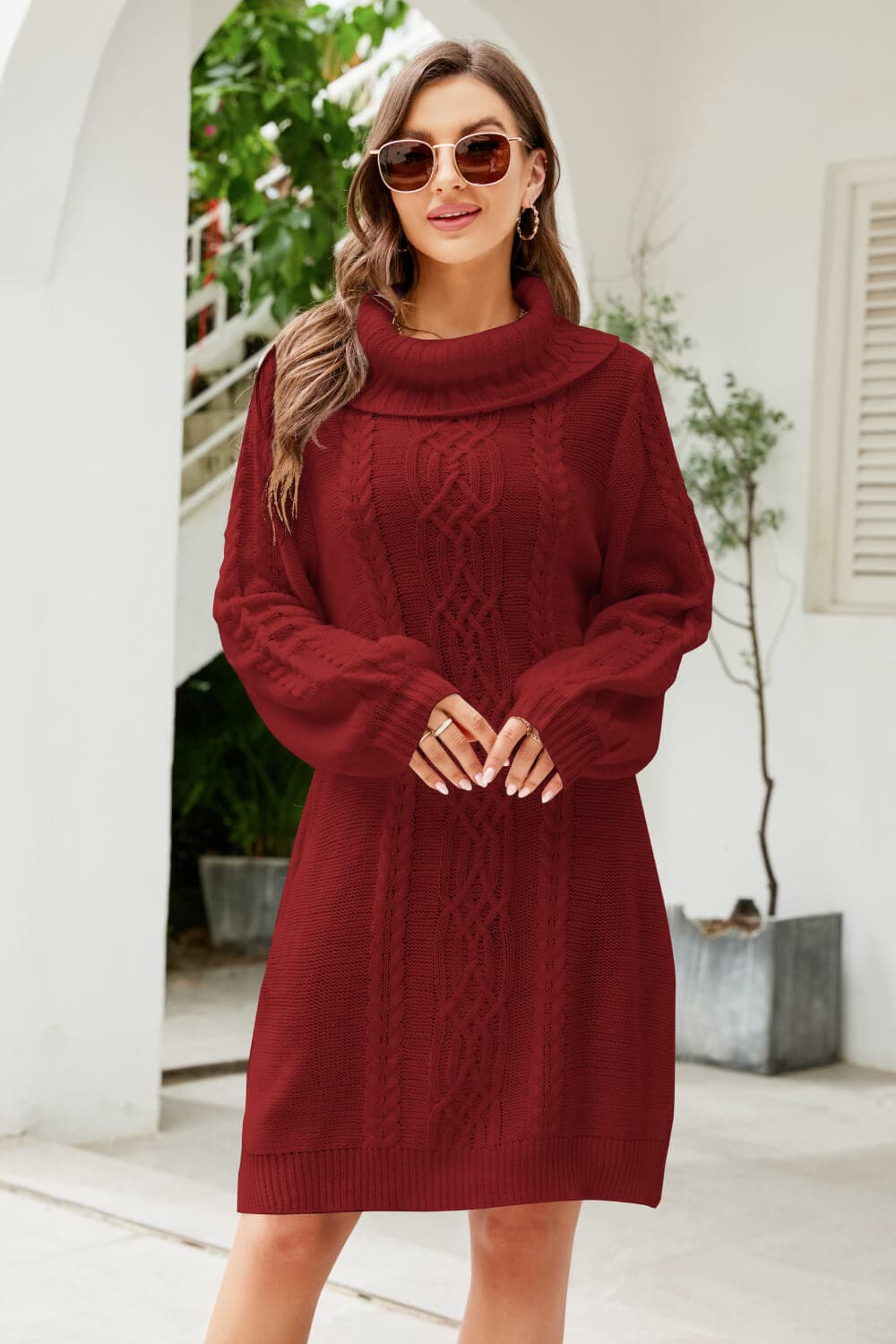 Woven Right Mixed Knit Turtleneck Lantern Sleeve Sweater Dress.