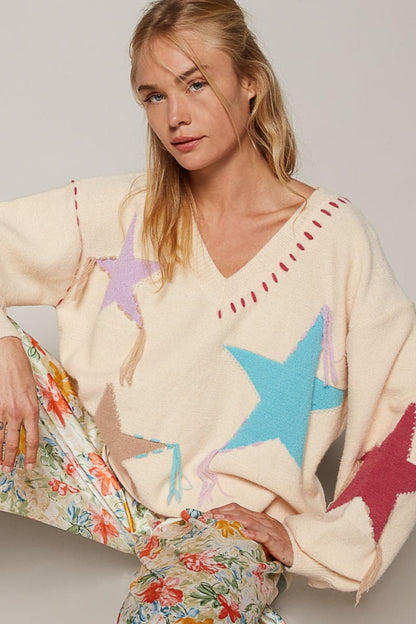 Starry fringe V-neck sweater with long sleeves