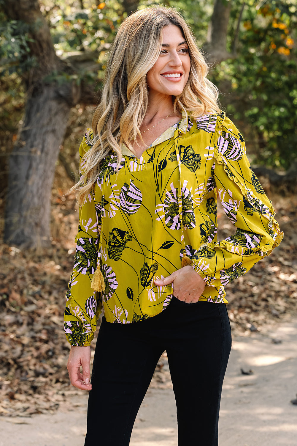Yellow Vintage Floral V Neck Ruffle Trim Long Sleeve Blouse Dear-Lover Dropshipping